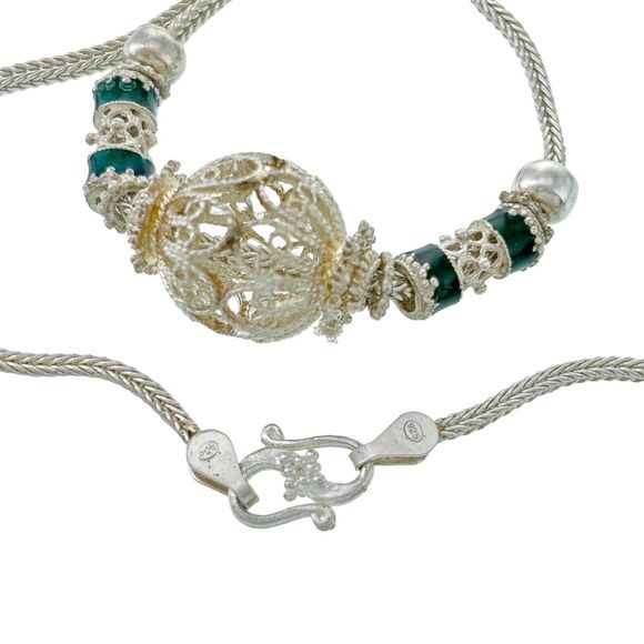 Vintage Artisan Sterling Silver 925 Green Enamel Beaded Wheat Chain Necklace 16" - Picture 3 of 5